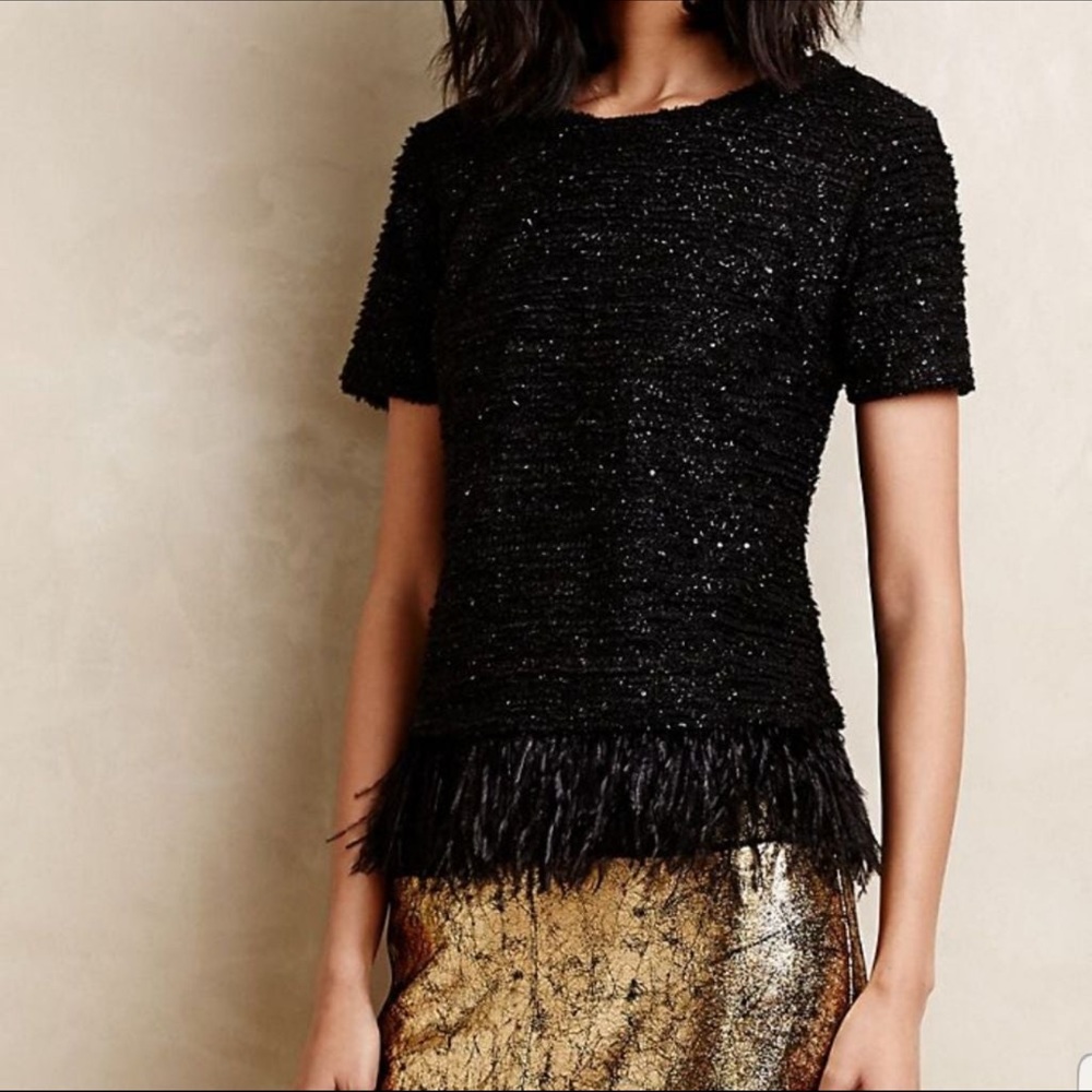 Anthropologie Deletta Balck Boucle Feather Trim Top